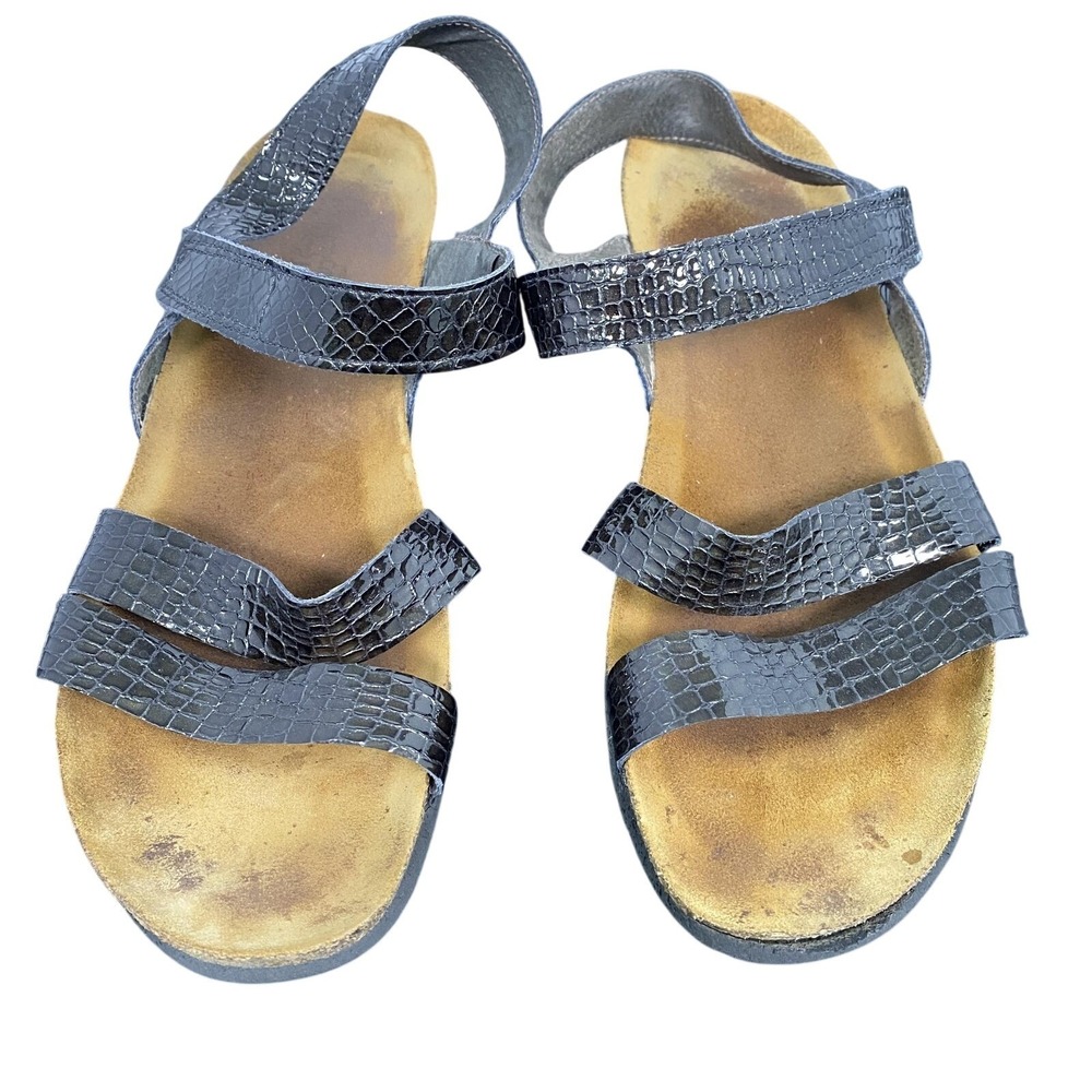 Naot‎ Sandals Womens Size 11 Black Leather Strappy Wedge Hook & Loop Comfort